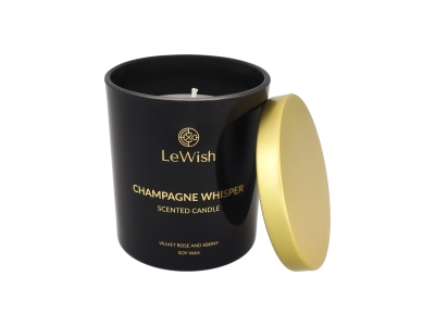 LeWish dišeča sveča Champagne Whisper – vrtnica & ebenovina 